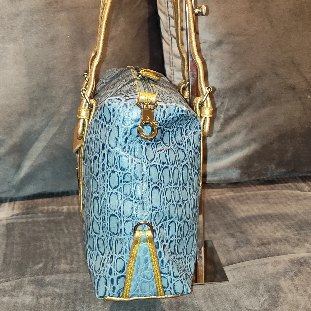 Sharif Blue and Gold Embossed Shoulder Bag - Picture 8 of 16